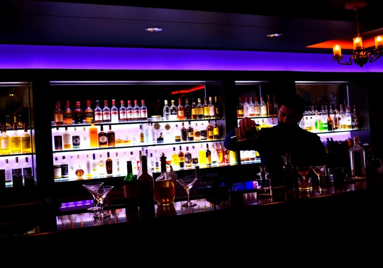 Bar UrEvent — barman przy podświetlonej półce z butelkami